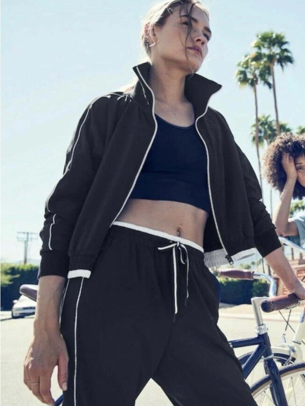 Athleta Brooklyn Track Bomber Jacket Black White Size Medium
